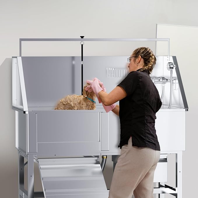Professional 46" Dog Washing Station, Stainless Steel Dog Bathing Station, Height Adjustable Dog Wash Station, Storage Drawer, Upgrade Parts, Home, Commercial (Left Ramp)