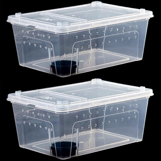 Critter Keeper 2-Pack, Cricket Cage & Reptile Feeding Box 12.59"x8.66"x5.9" Transparent Portable Plastic Snake Habitat Escape-Proof Ventilated Design for Gecko, Tarantula, Scorpion, Spider, Frog