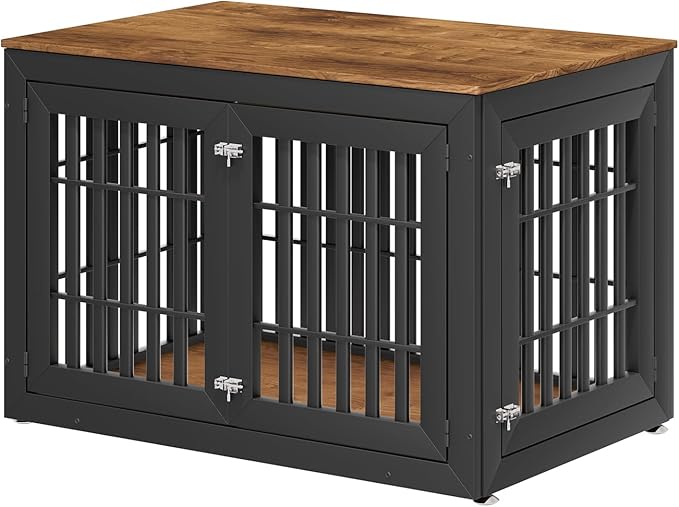 48" Heavy Duty Dog Crate Furniture for Small,Medium and Large Dogs,Rustic Wooden Dog Cage Kennel Indoor Furniture with Waterproof Top,Decorative Pet House Side End Table (Black & Wood)