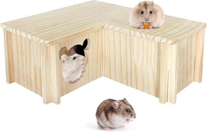 Wooden Hamster Platform and Dwarf Hamster House,Cute Syrian Hamster Tiny House Hideout,Large Balcony Lookout Holes,for Dwarf Gerbils and Mouse Mice Rat Other Small Animals(F)