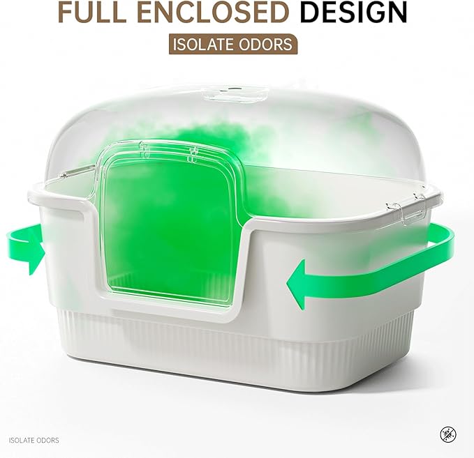 Cat Litter Box with Litter Mat and Scoop,High Wall Enclosed Cat Litter Boxes for Anti-Leakage, Covered Kitty Litter Box with Handle and Buckles for Portability and Privacy, Odor Control (White)