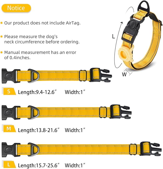 JSXD AirTag Dog Collar, Night Reflective Nylon Dog Collar for Small Medium Large Dogs,Lockable Quick Release Buckle,Padded Breathable Pet Collar with AirTag Holder (Yellow, Small)