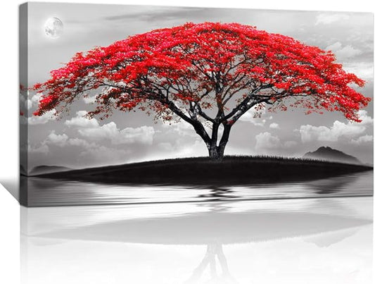 canvas wall art for living room bathroom Wall Decor Black and white landscape red tree moon scenery Hang painting Home Decorations for office bedroom kitchen Works canvas Prints pictures 20" x 40"inch