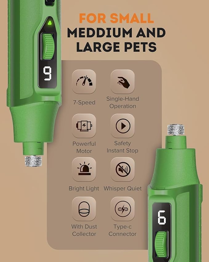 YABIFE 7-Speed Pet Nail Grinder with Light – Heavy Duty, Whisper Quiet Nail Trimmer for Dogs, Cats, Birds & Small Animals – Single-Handed Operation