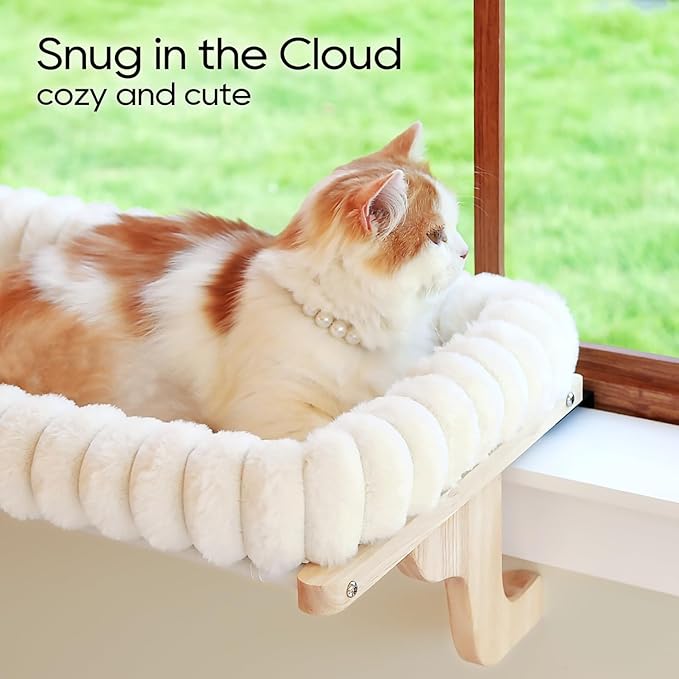 SnugCloud Cat Window Perch with 4-Sided Bolster - Orthopedic Cat Hammock for Window Sill - Solid Hardwood & Metal Frame - Window Seat for Pets (Natural Color Wood w/White Bed, Large)