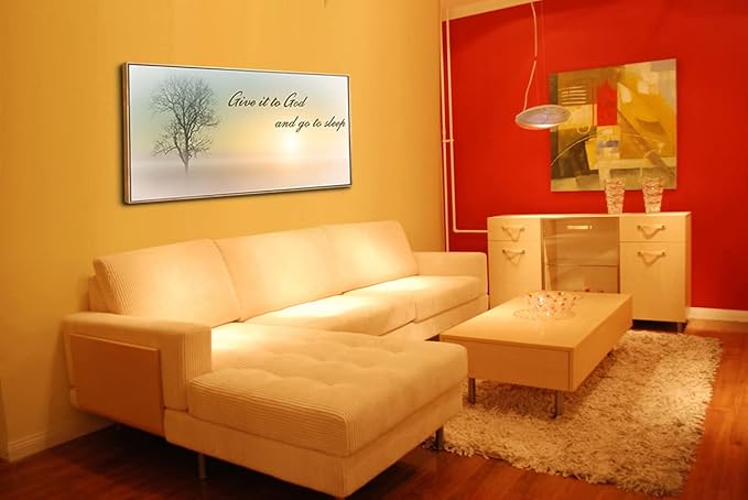 Lasdel Natural Extra Framed Canvas Wall Art of Misty Sunset & Tree Plant Picture For Bedroom Home Above Bed,White Country Wood Sign For Bathroom,Give It To God & Go to Sleep Artwork Decor,30x60