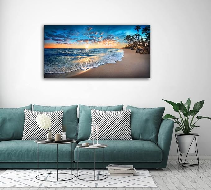 Jiuqinghua Canvas Prints Wall Art Blue Beach Ocean Landscape Paintings 1 panel Sunset Sea Waves Wall Decor Pictures Stretched and Framed for Living Room Bedroom and Office Home Decor Artwork
