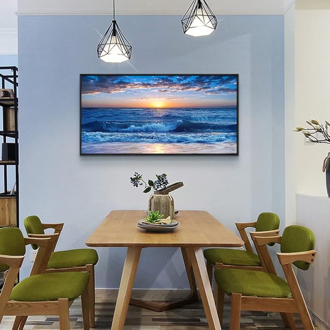 Sea Beach Framed Canvas Wall Art For Living Room Wall Decor For Bedroom Home Decor Blue Ocean Canvas Pictures Artwork Sunny Sea View Wave Painting Office Wall Decorations Black Framed 20" X 40"