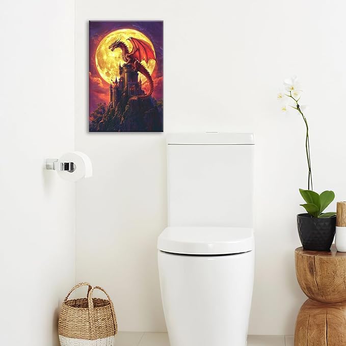 Dragon Bathroom Pictures Wall Art, Red Dragon Castle Bathroom Wall Decor, Framed Painting Canvas Artwork for Bedroom Living Room Decorations 24"L x 16"W