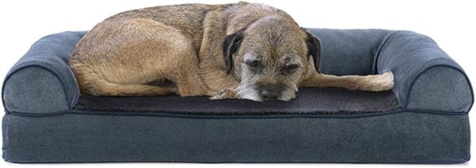 Furhaven Cooling Gel Dog Bed for Medium/Small Dogs w/ Removable Bolsters & Washable Cover, For Dogs Up to 35 lbs - Sherpa & Chenille Sofa - Orion Blue, Medium