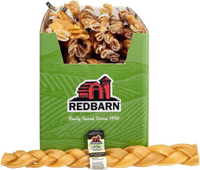 Redbarn Pet Products Recbarn Natural 12" Beef Collagen Braids - Case of 20 Sticks - Long Lasting Low-Odor Alternative to Rawhide & Bully Sticks -Single Ingredient Chew for Medium Large Dogs