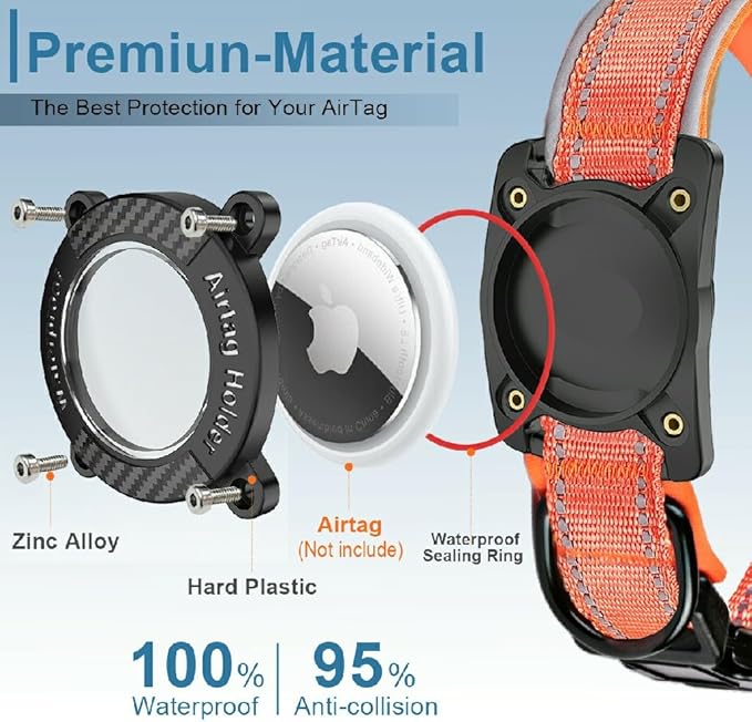 Upgraded AirTag Dog Collar, IP68 Waterproof Dog Collar with Apple Air Tag Holder, Reflective Adjustable Heavy Duty Dog Collars with Soft Padded for Small, Medium and Large Dogs,Orange, M