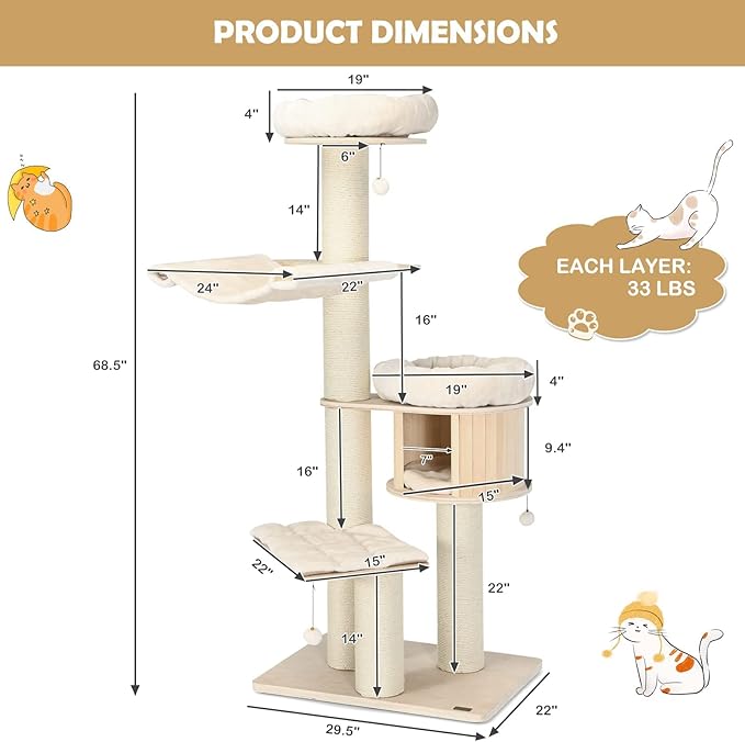 Tangkula Modern Cat Tree, Multi-Level Large Cat Tower with Condo, Hammocks & Hanging Basket, Tall Cat Tree with Sisal Posts, Washable Cushions, Wood Cat Trees and Towers for Indoor Large Cats