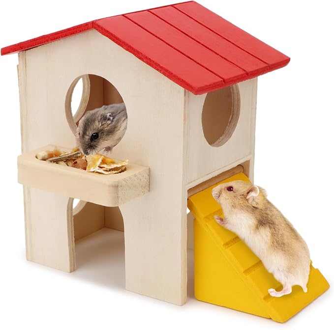 Hypeety Wooden Hamster Villa House & Maze Hideout Cage - Exercise Toys for Dwarf Hamsters, Gerbils, and Small Pets Natural Wooden Habitat with Climbing Accessories (Villa House)