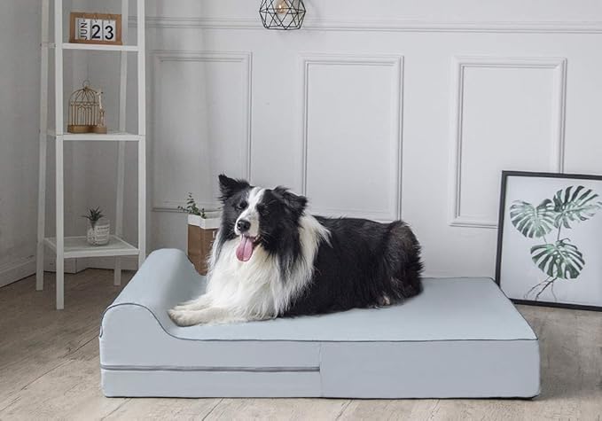 KOPEKS Orthopedic Memory Foam Dog Bed 7" Inch Thick Extra Large Dog Bed With Pillow Grey 50"x34"x10" Includes Waterproof Liner and Durable Removable Cover With Smart Design