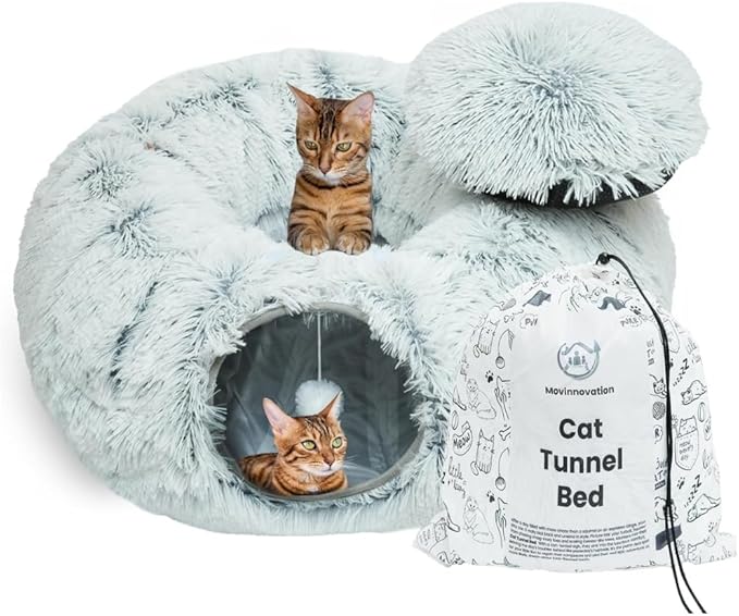 Large Cat Tunnel Bed for Indoor Cats Warm Fluffy Plush Cat Cave Tunnel Bed Collapsible, Washable, 3 Way and Multifunctional with Dangling Balls for Cats, Kittens and Rabbits- Gray