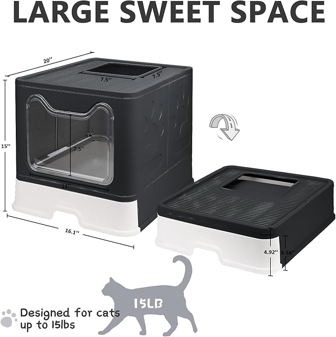 Foldable Cat Litter Box with Lid, Enclosed Potty, Large Top Entry Anti-Splashing Toilet, Easy to Clean Including Litter Scoop and 2-in-1 Cleaning Brush (Black)