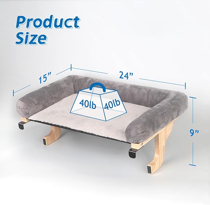 Cat Perch for Window Sill with Bolster - Orthopedic Hammock Design with Premium Hardwood & Robust Metal Frame - Cat Window Seat for Large Cats and Kittens - Natural Color Wood with Gray Bed