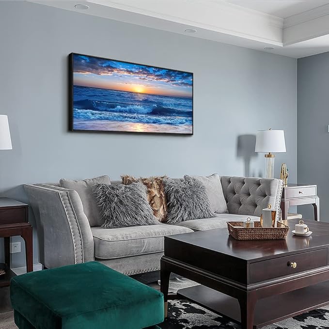 Sea Beach Framed Canvas Wall Art For Living Room Wall Decor For Bedroom Home Decor Blue Ocean Canvas Pictures Artwork Sunny Sea View Wave Painting Office Wall Decorations Black Framed 20" X 40"