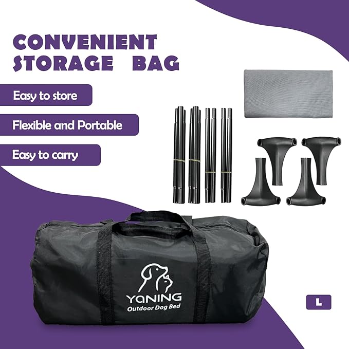 Outdoor Elevated Bed for Large Medium Dogs, Easy to Assemble With Portable Bag, Raised Cot With Pet-Friendly Feet, Breathable Mesh for Camping or Travel, Dark Grey