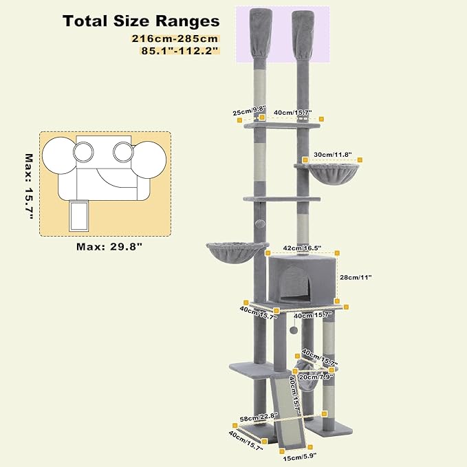 PAWZ Road Tall Cat Tree, Floor to Ceiling Cat Tower with Adjustable Height(85-112 Inches), 7 Tiers Climbing Tower with Cozy Hammocks, 5 Platforms and Scratching Posts for Indoor Cats-Gray