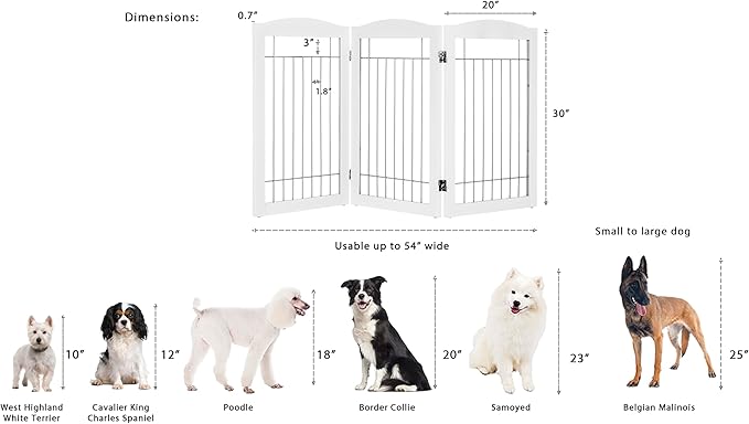 Spirich Freestanding Wire Pet Gate for Dogs, Tall Dog Gate for The Houes, Doorway, Stairs, Pet Puppy Safety Gate with Sliver Wire 60 Inches Extra Wide, 30 Inches Tall, 3 Panels, White