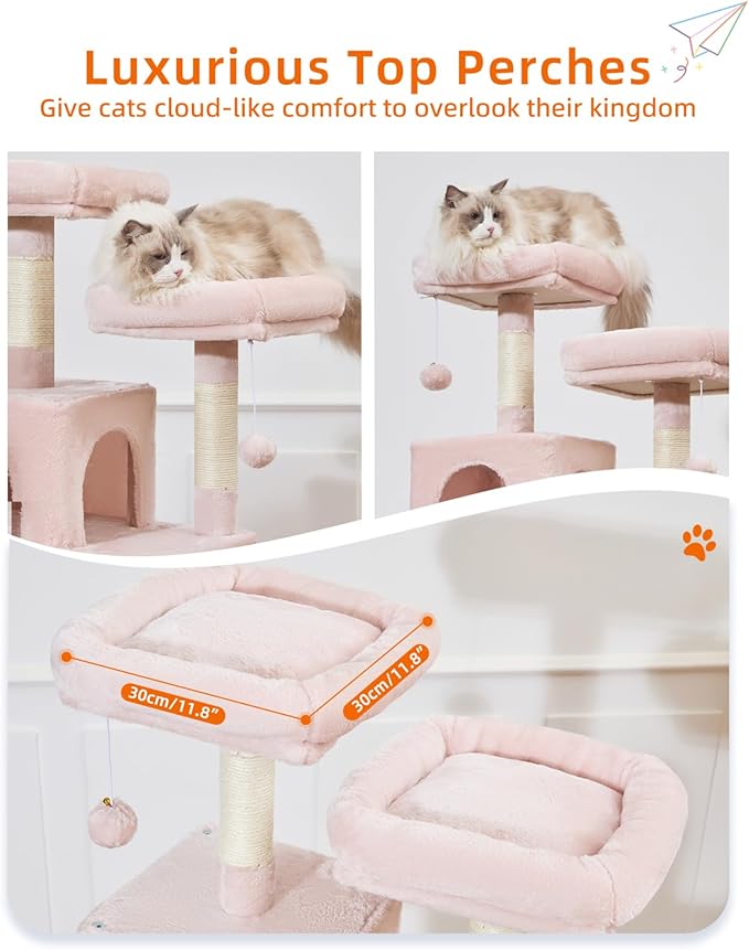 Taoqimiao Cat Tree, 68-Inch Cat Tree Cat Tower for Indoor Cats, Plush Multi-Level Cat Condo with 6 Scratching Posts, 2 Perches, 2 Caves,Hammock, 3 Pompoms,MS020SP Jelly Pink