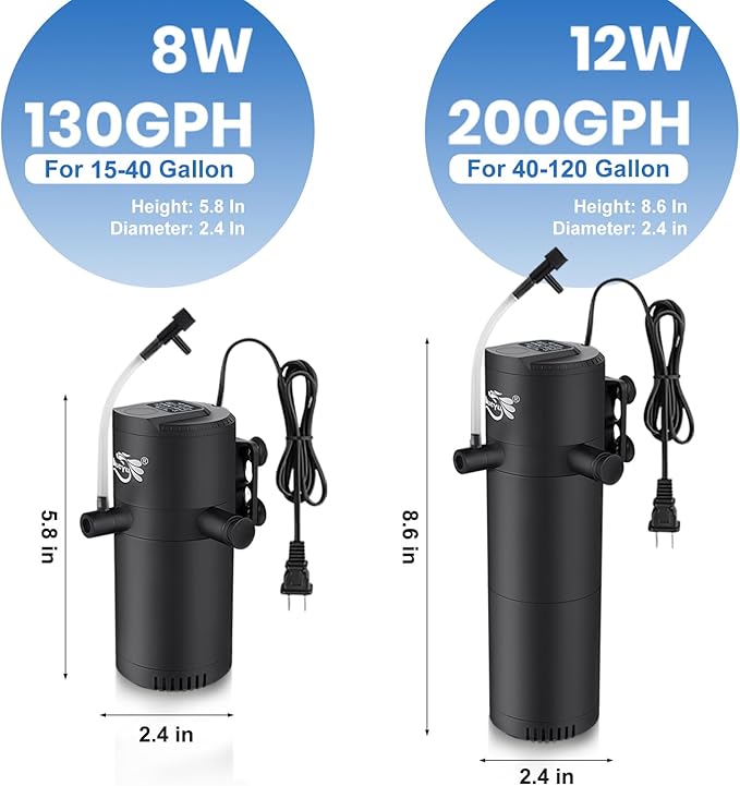 Aquarium Filter for 40-120 Gallon Tank, Fish Tank Filter with Wave-Maker Oxygenation Circulation, Adjustable Air Flow Filter for Freshwater & Saltwater, 4 in 1 Submersible Filter (12W)