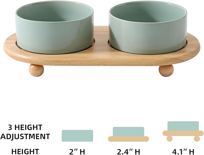Ceramic Elevated Dog Bowls, Food and Water Bowls for Dogs, Puppy, Raised Dog Dish, Pet Feeder(6inch, 2 x Light Green + Stand)