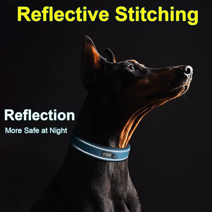 Fida Heavy Duty Dog Collar, Ultra Comfortable Soft Neoprene Padded, Adjustable Reflective Nylon Pet Collar with Durable Metal Belt Buckle for Medium Breeds (M, Blue)