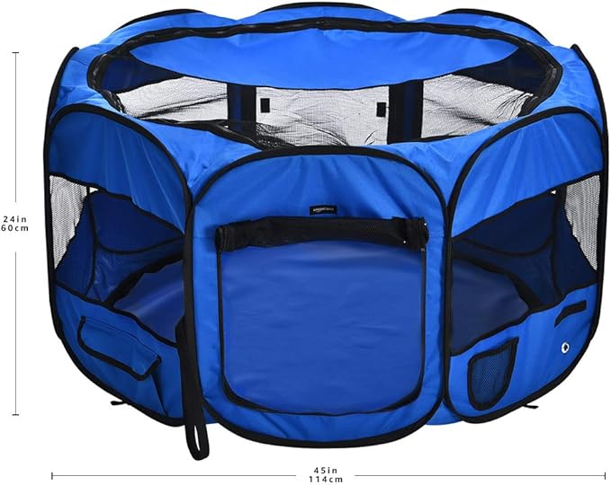 Amazon Basics Foldable Octagonal Indoor and Outdoor Portable Soft Dog Pen/Puppy Pen/Playpen, 114 cm / 45", Blue