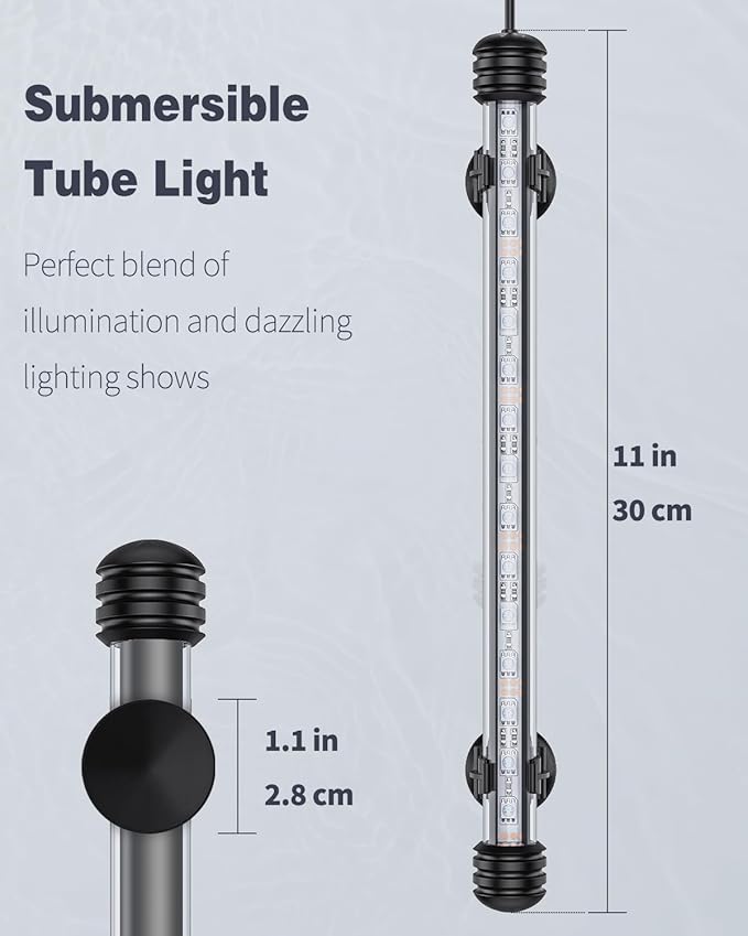 Pawfly 3 W Aquarium LED Light 11 Inch Underwater Fish Tank Light with Timer Auto On/Off Fish Tank Background Light with 8 Lighting Modes Submersible Multi-Colored Tube Light for Decoration