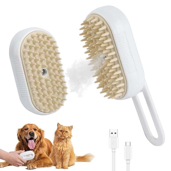 4 in 1 Cat Steam Brush for Shedding, Rechargeable Pet Steam Groomer Brush, Massage, Cleaning, Shedding & Combing Multifunctional Hair Removal Comb for Cats Dogs (White)