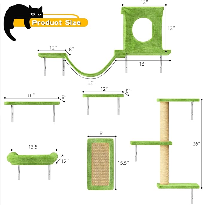 NUNU LAB Cat Wall Shelves, 6 Pcs Luxury Wall-Mounted Cat Climber Set, Indoor Cat Furniture with 1 Condos House, 2 Cat Wall Shelves, 1 Scratching, 1 Bridge Ladder, 1 Scratching Pad, Green