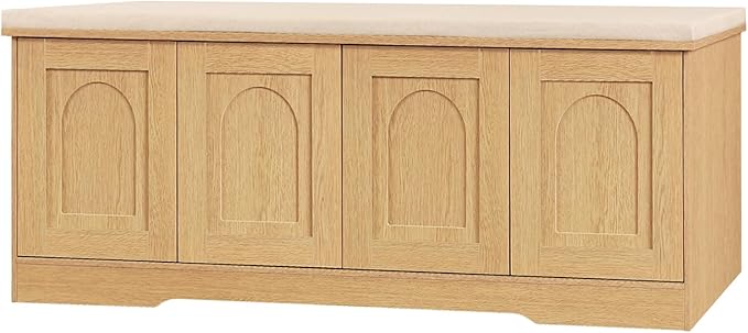 DINZI LVJ Shoe Bench, Entryway Storage Bench with Doors, Cushion, 2-Tier Shoe Rack with 8-Cubby, 47.2”L x 13.8”W Shoe Organizer Cabinet, Adjustable Shelf, Living Room, Bedroom Natural