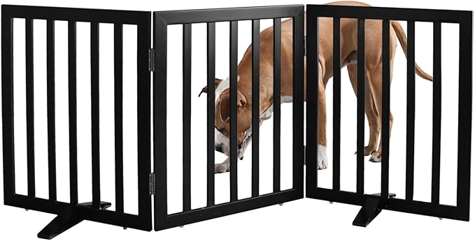 ZJSF Freestanding Indoor Dog Gate for House Foldable Wood Puppy Gate for Doorways Pet Gate for Stairs Extra Wide Pet Fence, Black, 24" Height 3 Panels