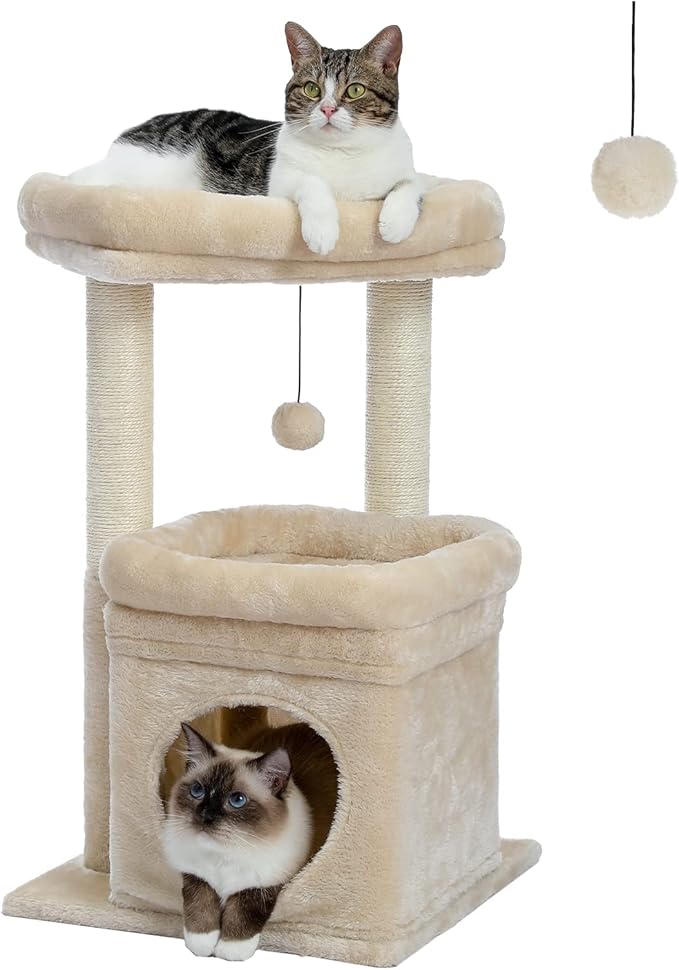 PEQULTI Cat Tree Cat Tower for Indoor Cats with Private Cozy Cat Condo, Natural Sisal Scratching Posts and Plush Pom-pom for Small Cats,Beige