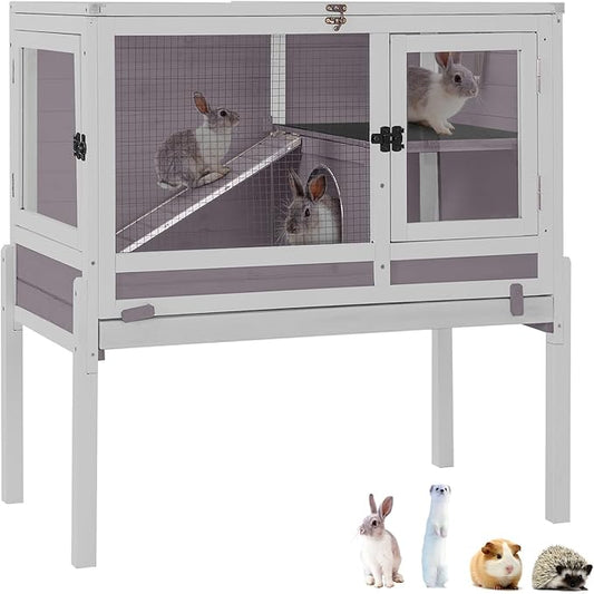GUTINNEEN Rabbit Hutch Guinea Pig Cages Indoor with Stand Wooden Small Animals Cage Hutch Hamster Cage with Hideout,Pull Out Tray, Anti Chew Ramp (Grey)