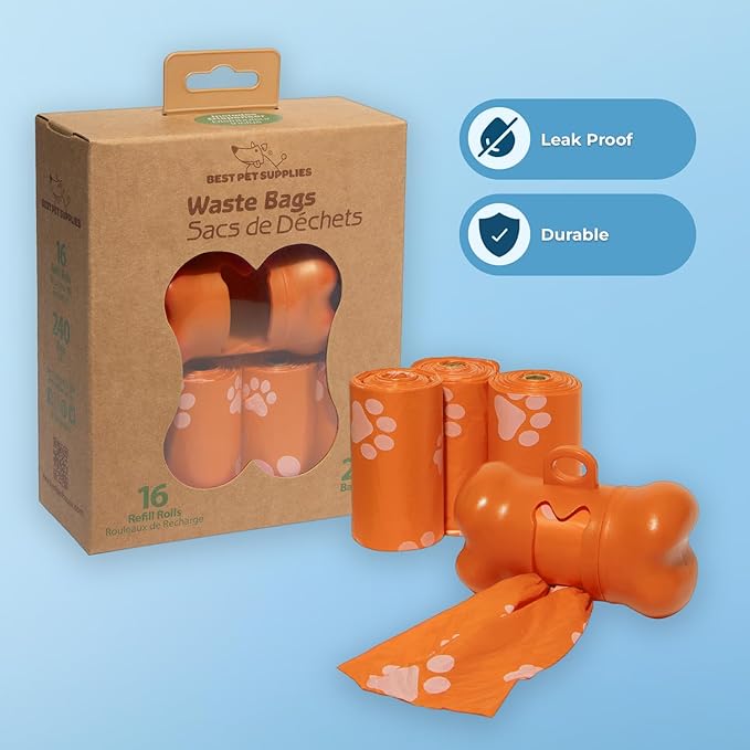 Best Pet Supplies Dog Poop Bags (240 Bags) for Waste Refuse Cleanup, Doggy Roll Replacements for Outdoor Puppy Walking and Travel, Leak Proof and Tear Resistant, Thick Plastic - Orange