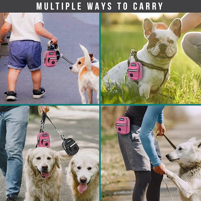PetAmi Dog Poop Bag Holder For Leash, Dog Pet Waste Bag Dispenser For Poop With Clip For Doggie Puppy Walking Accessories Travel Camping, Dog Treat Pouch Supplies Must Have With Doggy Bag Roll, Pink