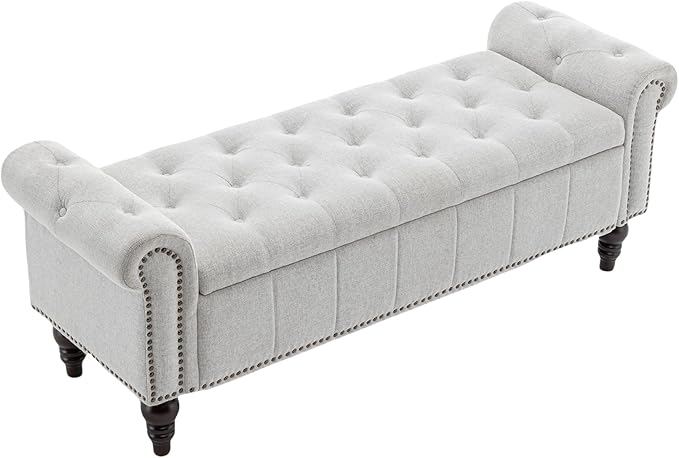 58’’ Storage Bench for Bedroom, Upholstered Button-Tufted Ottoman with Solid Wood Legs, Queen Size End of Bed Shoe Cabinet, Window Seat Foot Rest Stool for Entryway, Living Room (Silver)