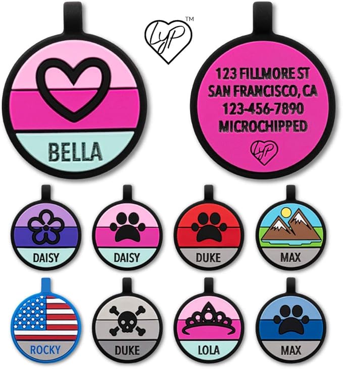 LYP Original Soundless Pet ID Tags | Custom Dog Tags Personalized for Pets | Durable Silicone Deep Engraved Dog Tag | No More Jingling | Pink Heart