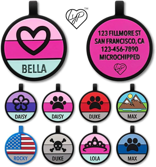 LYP Original Soundless Pet ID Tags | Custom Dog Tags Personalized for Pets | Durable Silicone Deep Engraved Dog Tag | No More Jingling | Pink Heart