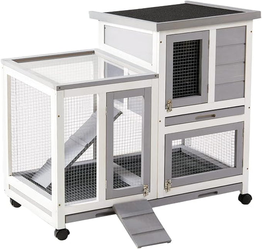Rabbit Hutch, Indoor Rabbit Cage Two Story Bunny Hutch with Wheels Guinea Pig Cages with Removable No Leaking Tray, Ramp, Outdoor Pet House for Small Animals