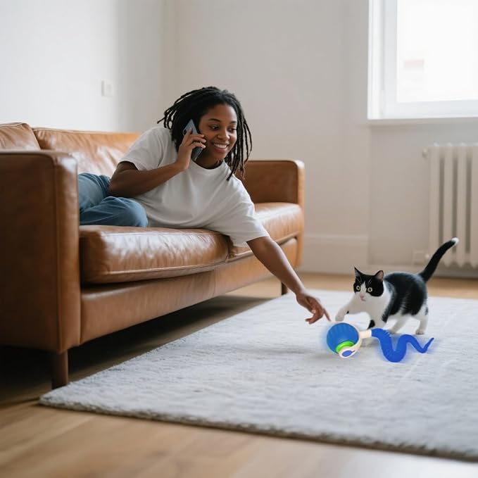 Interactive Cat Toy Ball | Automatic Moving Smart Anti-Depression Pet Toy with Light | Speedy Tail 3.0 Cat Mouse Toy | Electric Rechargeable Enrichment Toy for Indoor Bored Cats & Dogs (Blue)