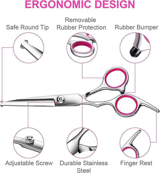 6 in1 Professional Dog Grooming Scissors Kit, Dog Shears for Grooming with Safety Round Tips, Titanium Coated Grooming Scissors for Dogs Cat Pet At Home