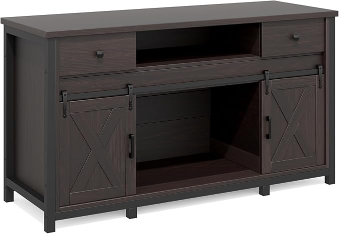 Miereirl 75-120 Gallon Fish Tank Stand with Power Outlet – Heavy Duty Aquarium Stand, Rustic Farmhouse Style, 1000 lb Capacity, Adjustable Storage & Sliding Barn Doors, Dark Brown