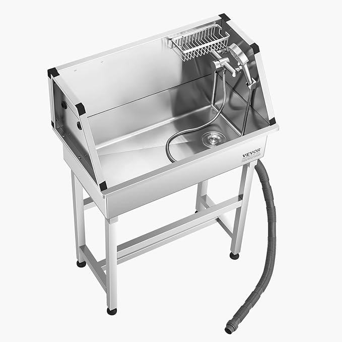 VEVOR Stainless Steel Dog Washing Station, 34 inch Pet Grooming Tub w/Faucet & Showerhead & Soap Holder & Play Balls Simple Dog Bathtub for Multiple Pets, Home Washing Sink