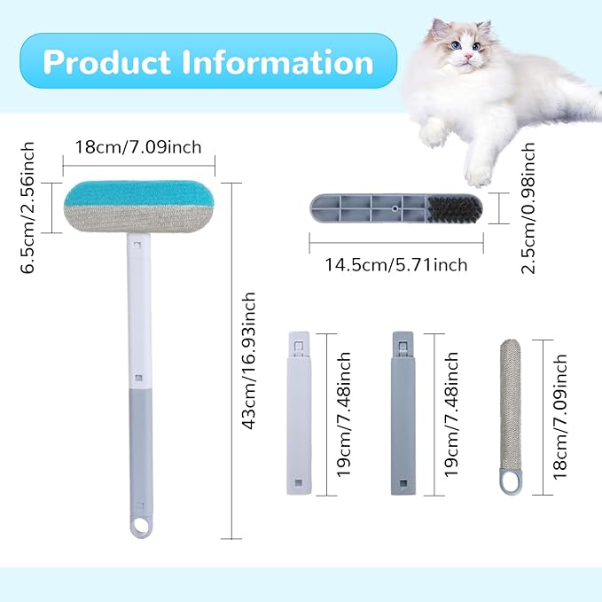 Pet Hair Remover Brush- Pet Hair Removal Glove, 4 in 1- Reusable Hair Remover Brushl with 17inch Long Handle, Electrostatic Gloves Pet hair for Furniture, Couch, Carpet