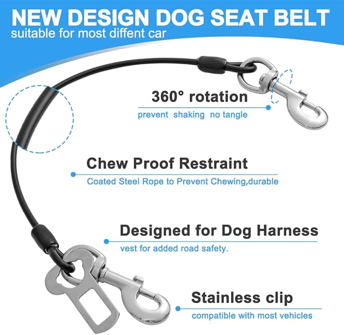 Dog Seat Belt Harness for Car,2pcs Dog Seatbelt of Coated Wire Leash Safety Restraint,No Chew Tether Cable Vehicle Dog Accessories,Double Clips & Latch (2 Pack Black, 24 inch/60 CM)